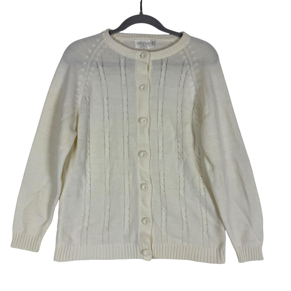 Bellariva Sweater Womens M Beige Cable Knit Button Cardigan Crew Neck Raglan VTG